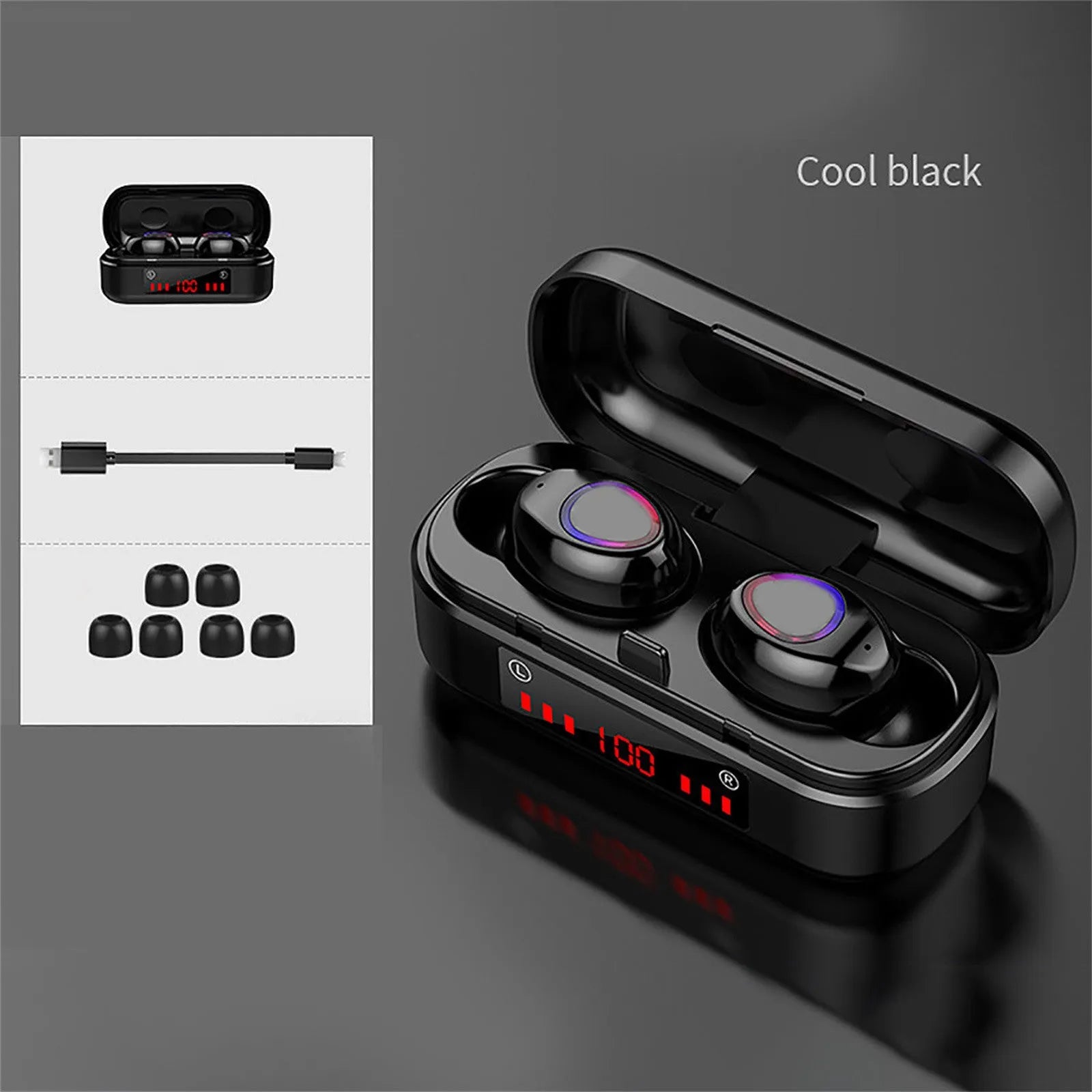 V7 LED button version wireless Bluetooth earbuds with charging case and three pairs of silicone ear caps.