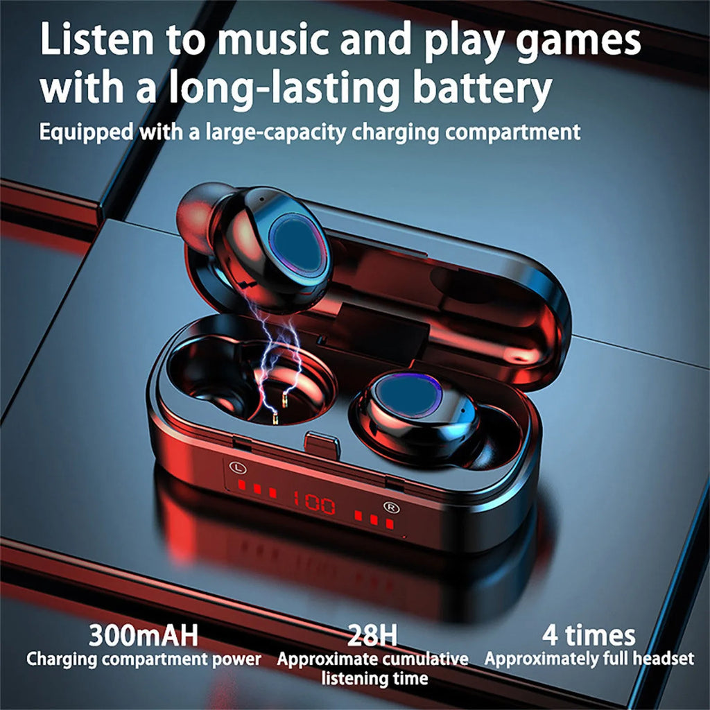 V7 LED button version wireless Bluetooth earbuds with charging case and three pairs of silicone ear caps.