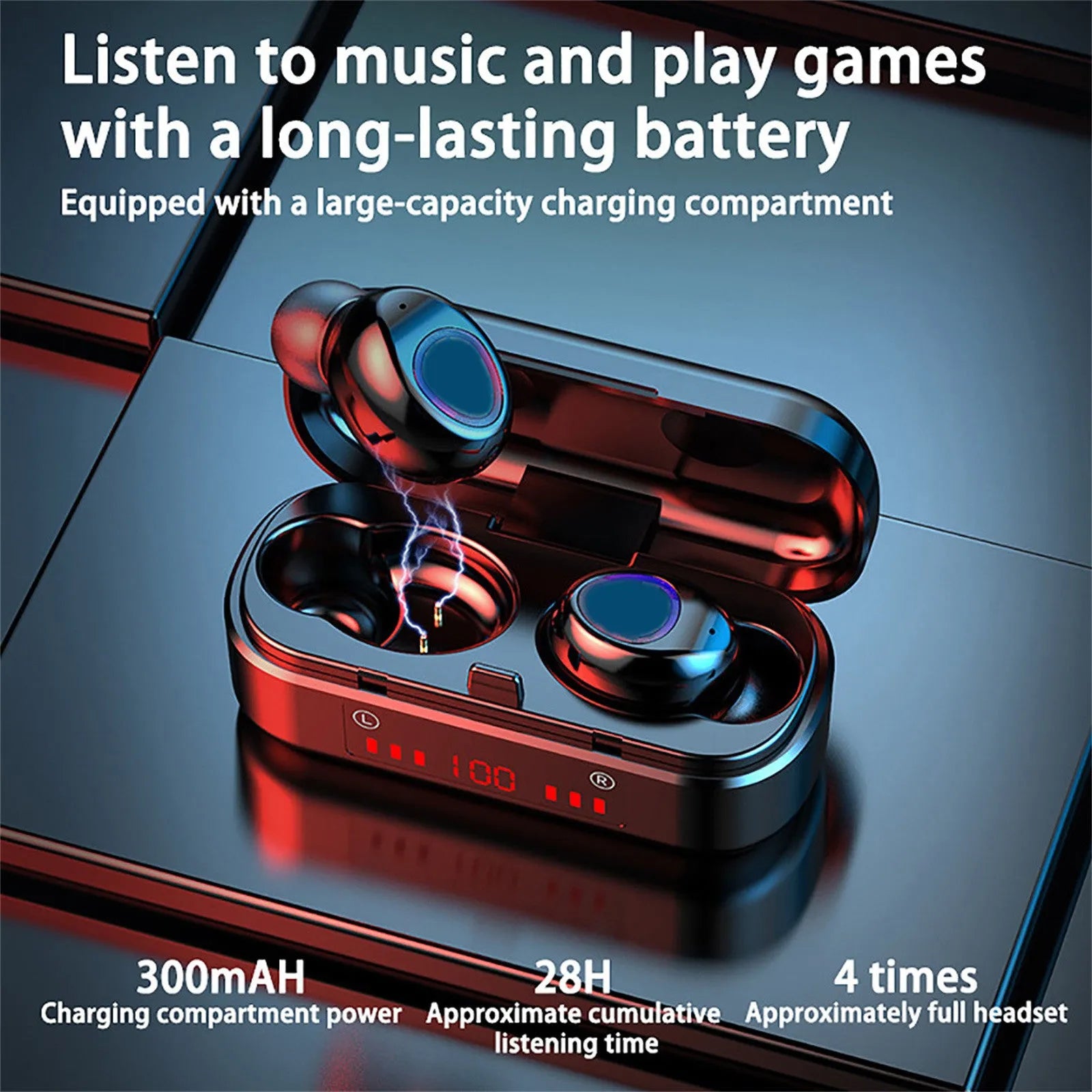 V7 LED button version wireless Bluetooth earbuds with charging case and three pairs of silicone ear caps.