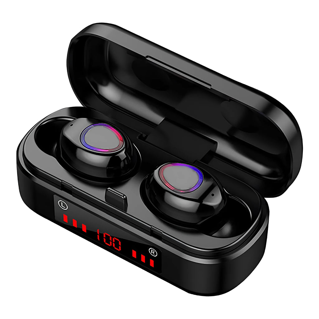 V7 LED button version wireless Bluetooth earbuds with charging case and three pairs of silicone ear caps.