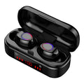 V7 LED button version wireless Bluetooth earbuds with charging case and three pairs of silicone ear caps.
