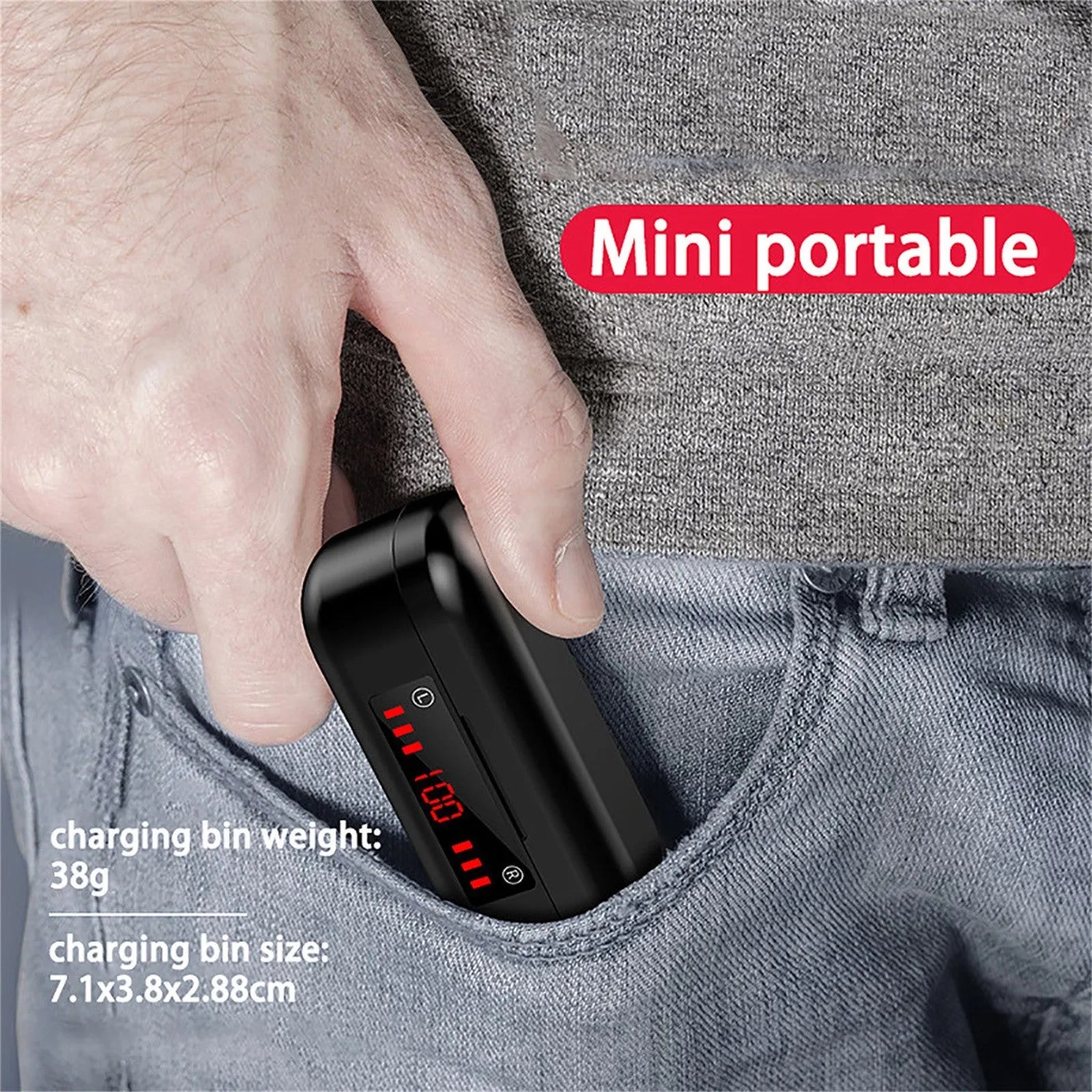 V7 LED button version wireless Bluetooth earbuds with charging case and three pairs of silicone ear caps.