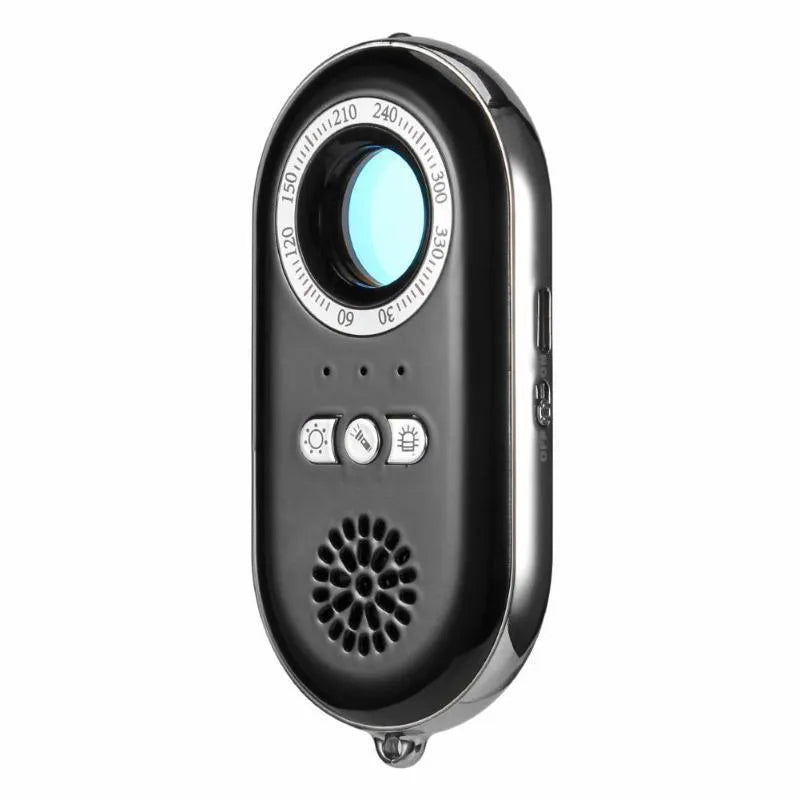 Compact black wireless signal detector with vibration sensor and alarm for anti-theft security.