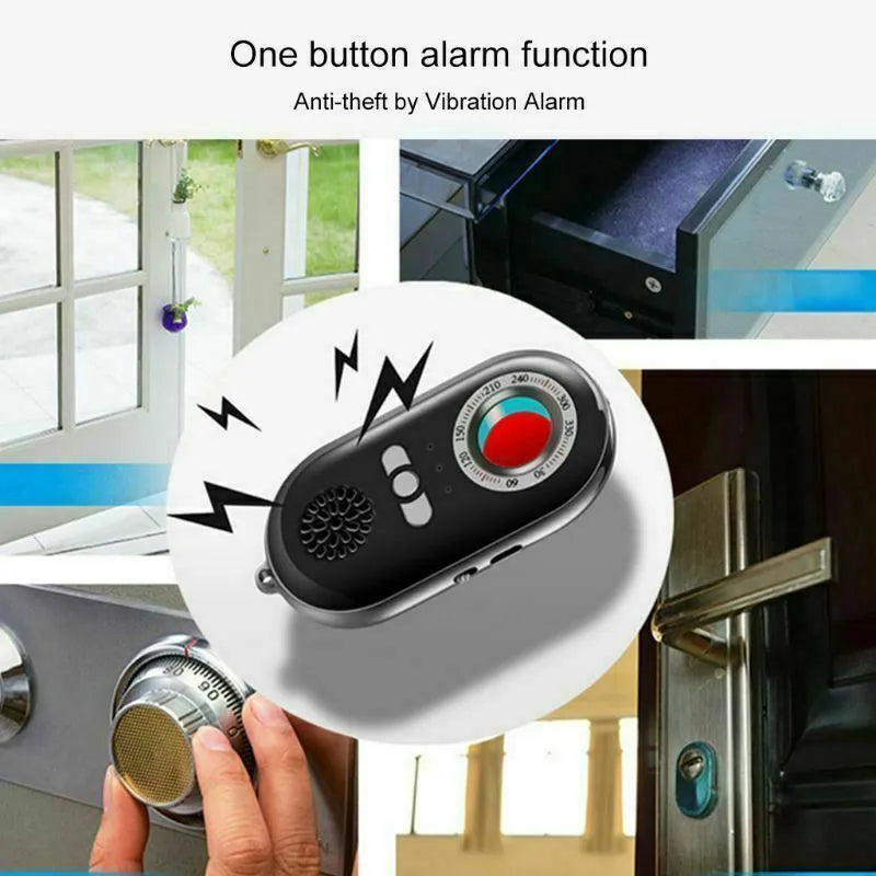 Compact black wireless signal detector with vibration sensor and alarm for anti-theft security.