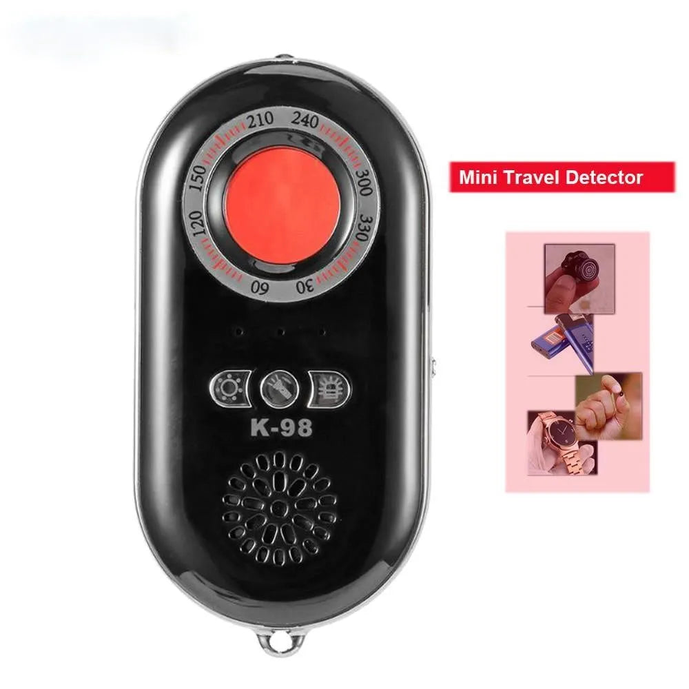 Compact black wireless signal detector with vibration sensor and alarm for anti-theft security.