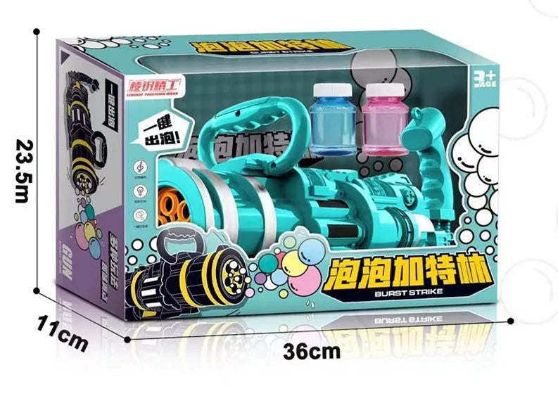 Gatling bubble gun machine in black with porous head, music and light effects, 31.5 cm