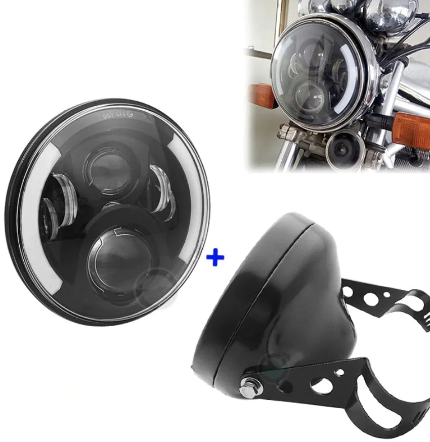 7 inch round LED headlight with angel eyes, black housing, 6500K, IP68, for 12V 24V vehicles