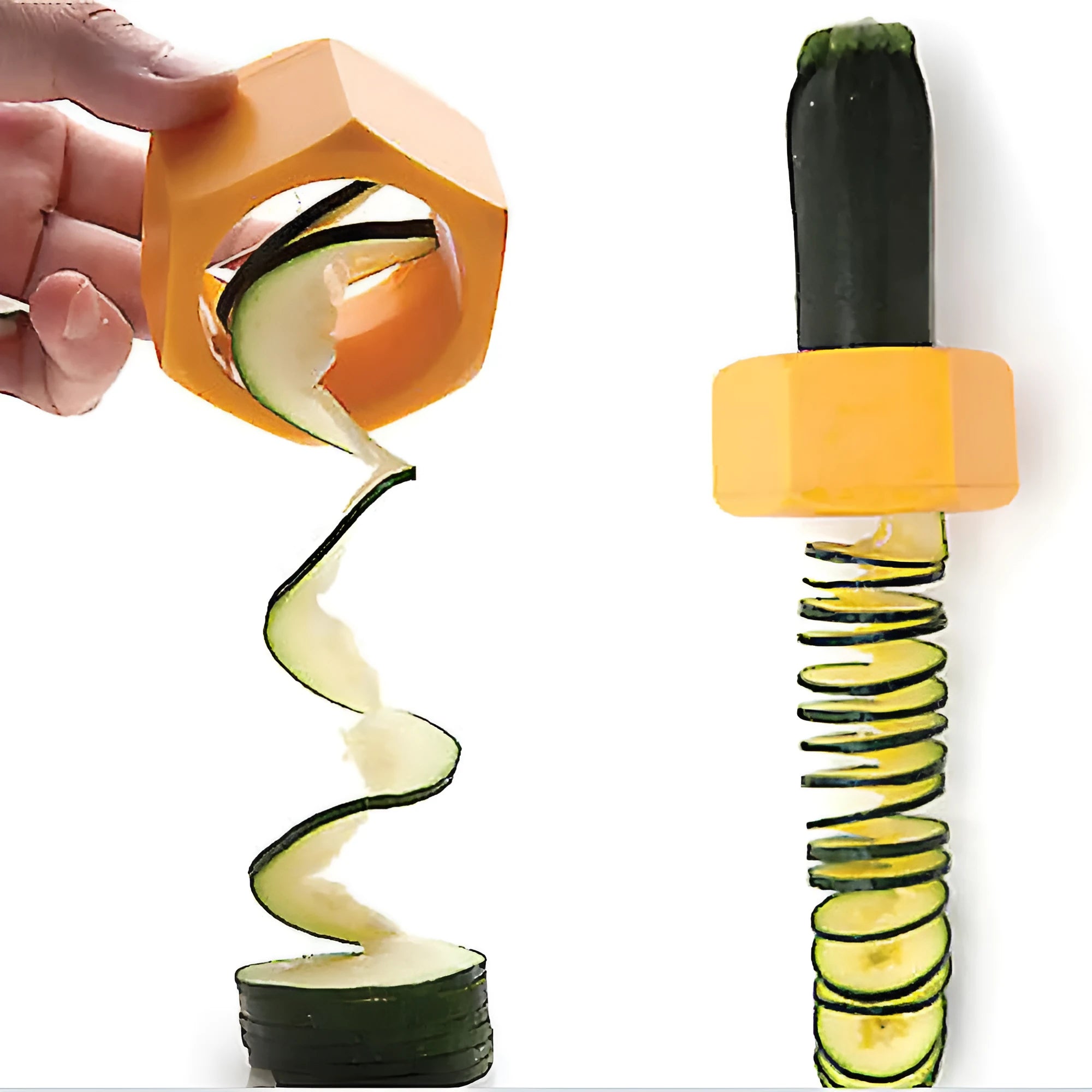 Yellow and green plastic spiral vegetable cutter on a kitchen counter.