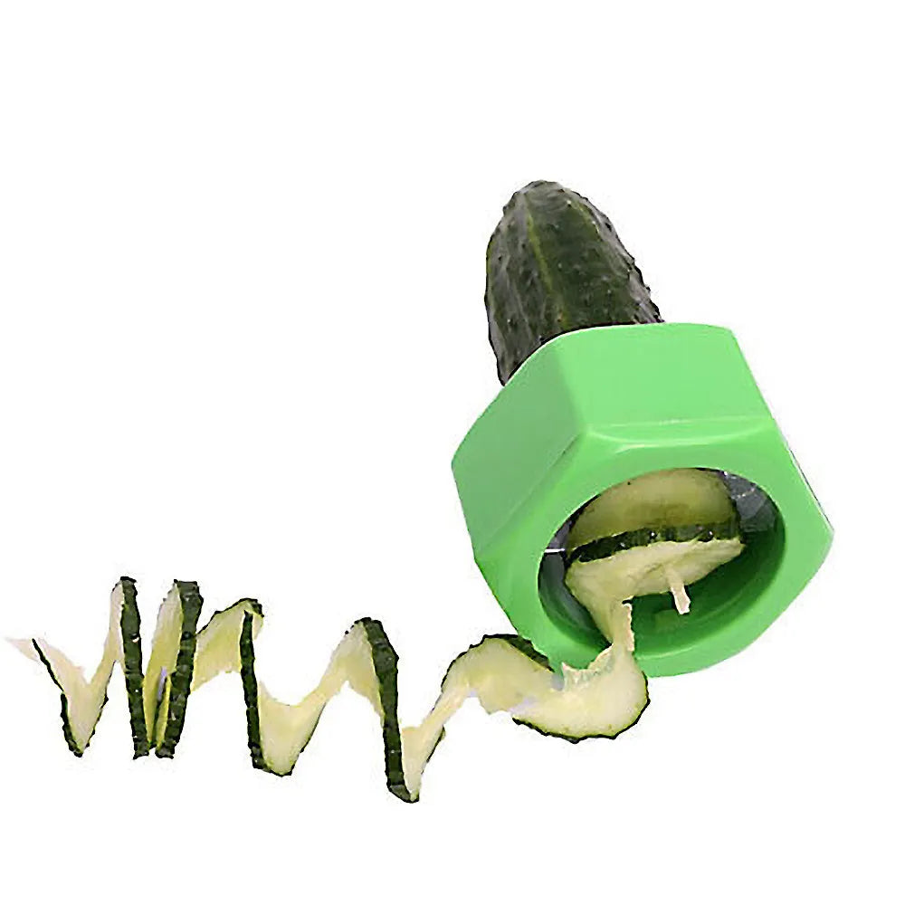 Yellow and green plastic spiral vegetable cutter on a kitchen counter.