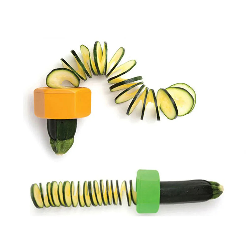 A yellow manual spiral knife vegetable cutter for slicing cucumbers, made from food-grade ABS plastic.