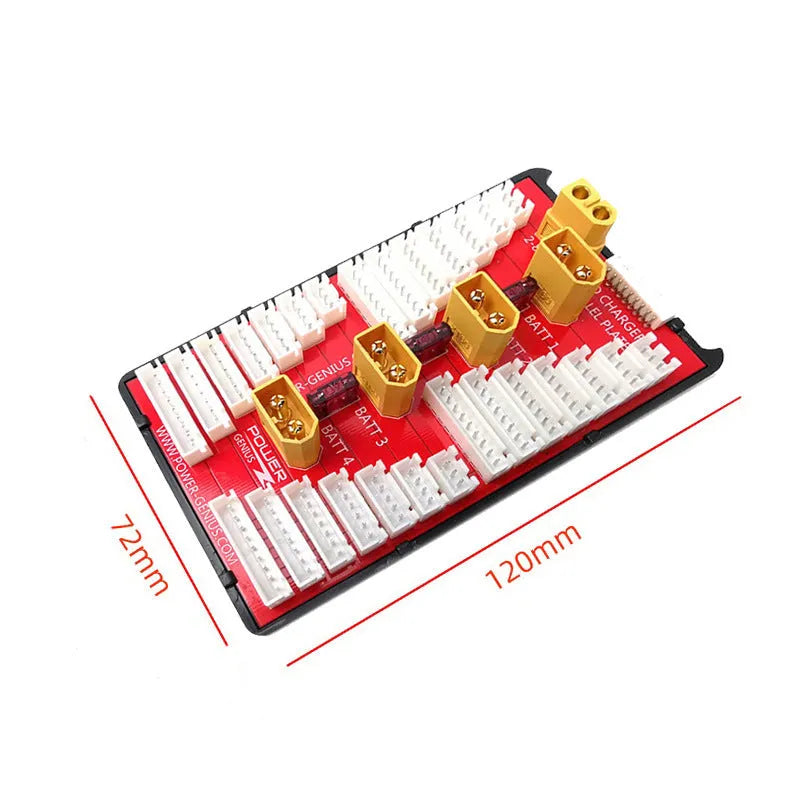 Red V2 parallel charge board with balance ports for charging four RC lithium battery packs at once.