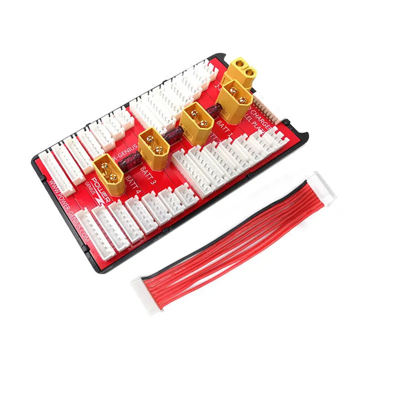 Red V2 parallel charge board with balance ports for charging four RC lithium battery packs at once.