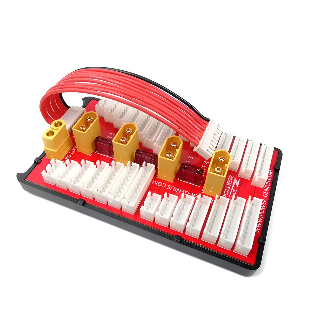 Red V2 parallel charge board with balance ports for charging four RC lithium battery packs at once.