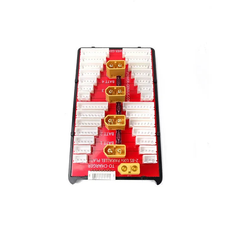 Red V2 parallel charge board with balance ports for charging four RC lithium battery packs at once.