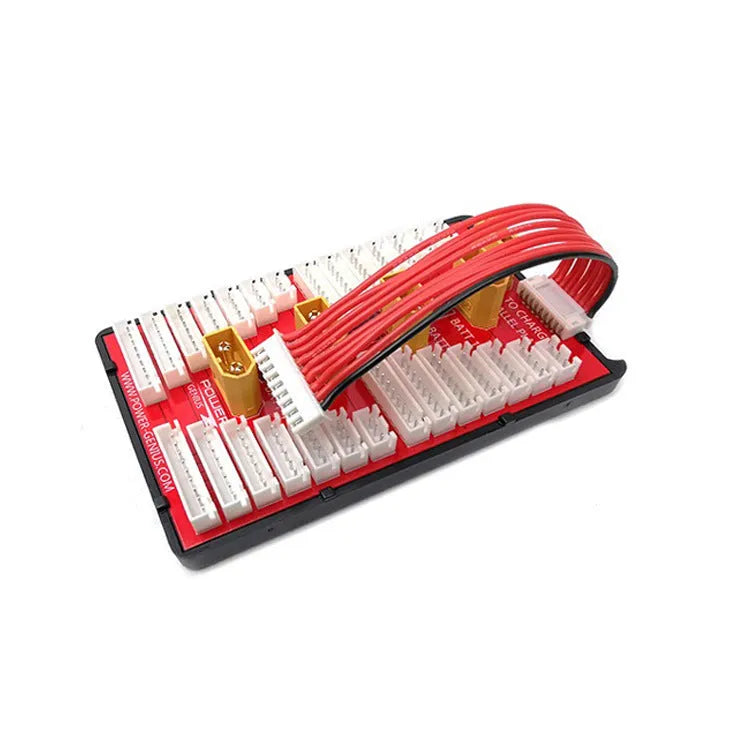 Red V2 parallel charge board with balance ports for charging four RC lithium battery packs at once.