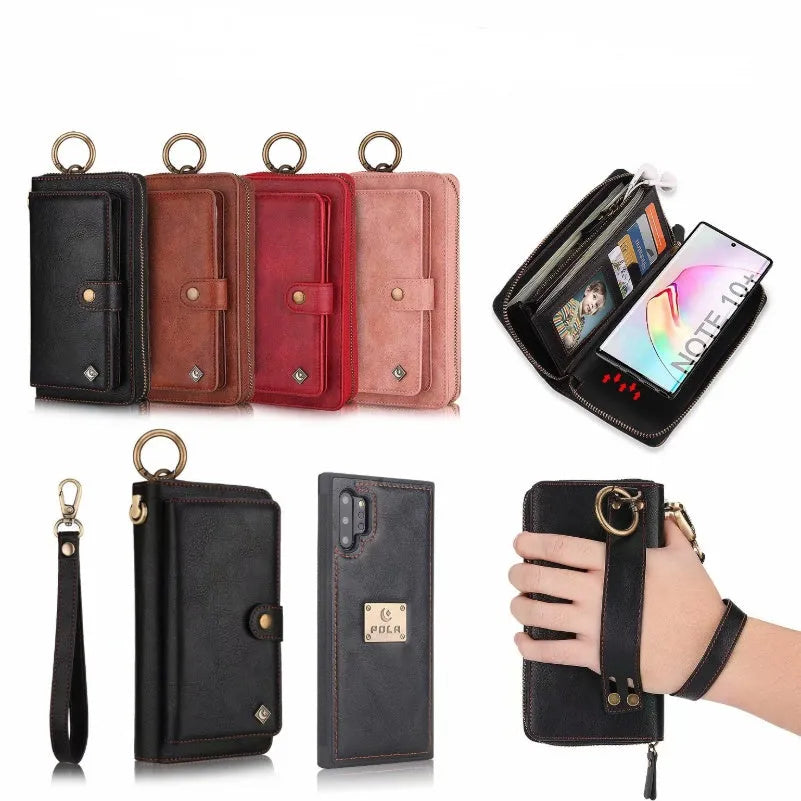 PU leather mobile phone wallet case with zip closure in black, brown, red, and pink colours