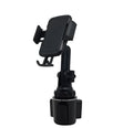 Black ABS plastic car phone holder with adjustable 360-degree rotating bracket and soft foam contact pads.