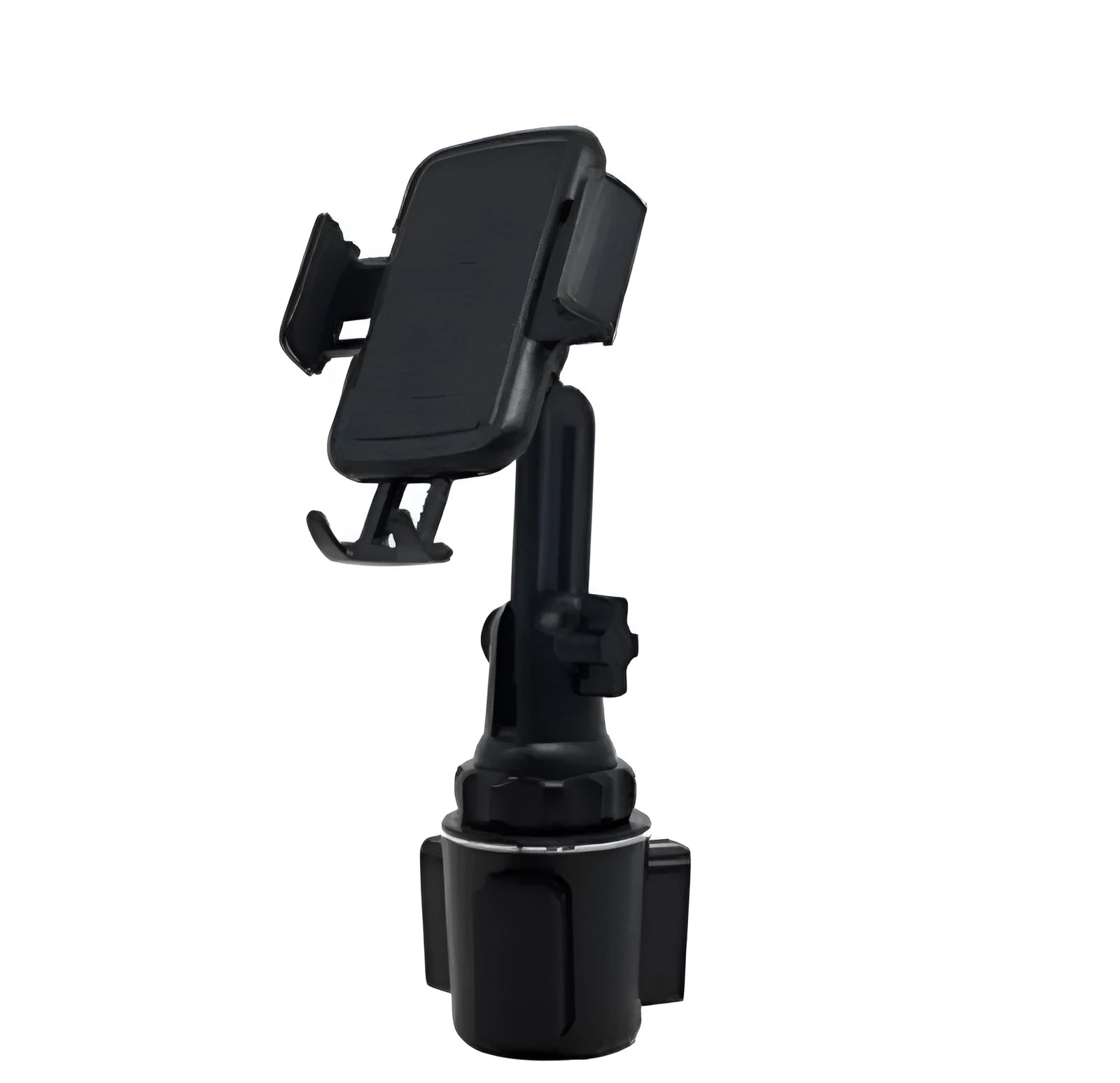 Black ABS plastic car phone holder with adjustable 360-degree rotating bracket and soft foam contact pads.