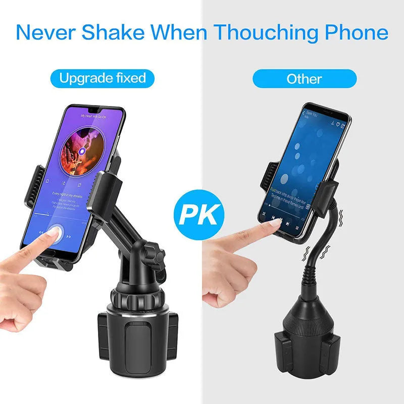 Black ABS plastic car phone holder with adjustable 360-degree rotating bracket and soft foam contact pads.
