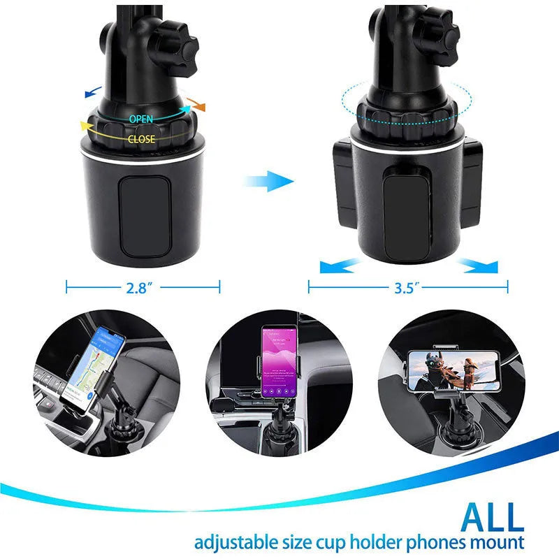 Black ABS plastic car phone holder with adjustable 360-degree rotating bracket and soft foam contact pads.