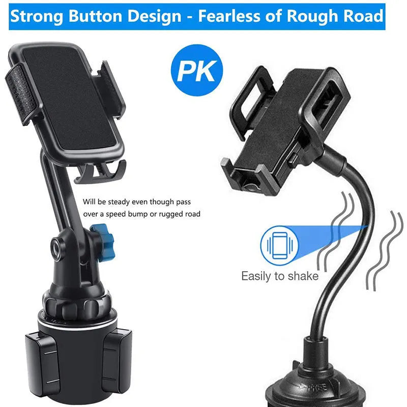 Black ABS plastic car phone holder with adjustable 360-degree rotating bracket and soft foam contact pads.