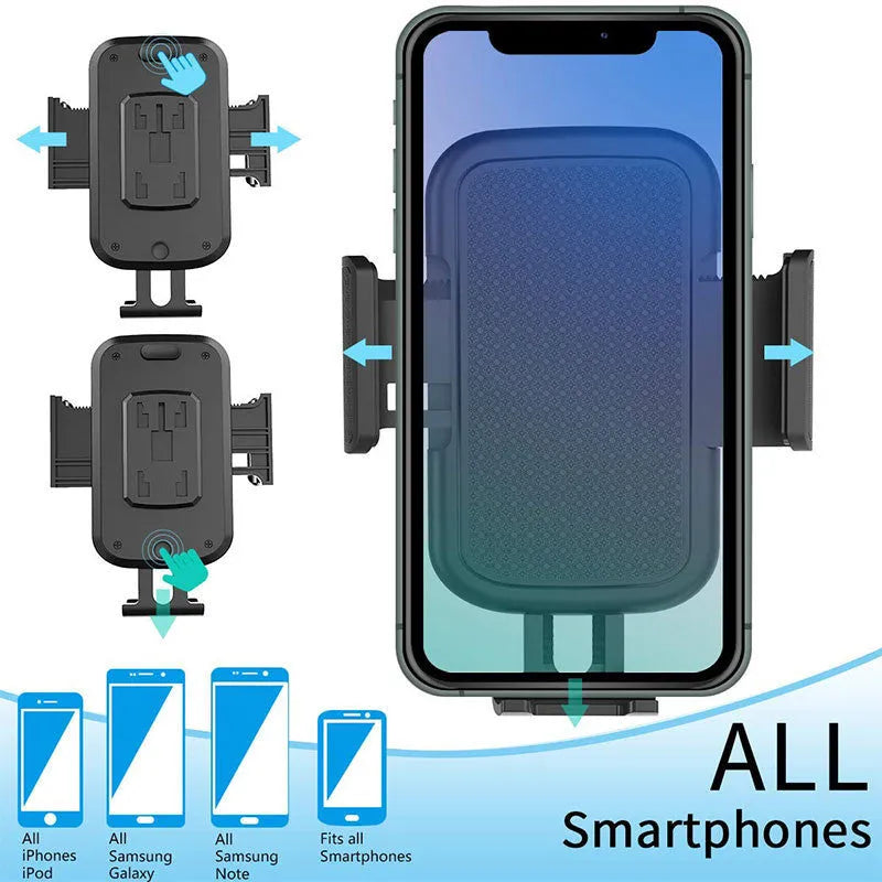 Black ABS plastic car phone holder with adjustable 360-degree rotating bracket and soft foam contact pads.