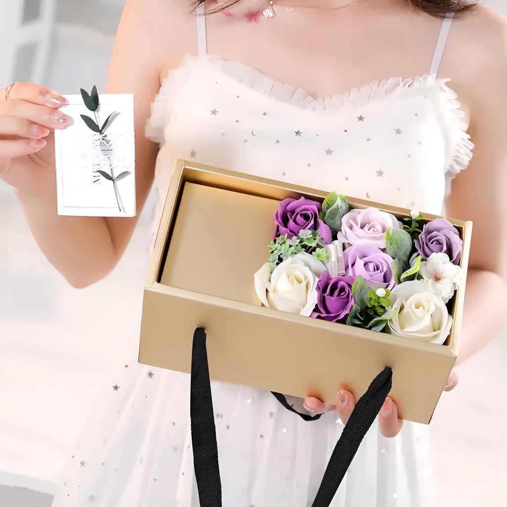 Soap flower rose gift box in golden packaging with greeting card for Mother's Day