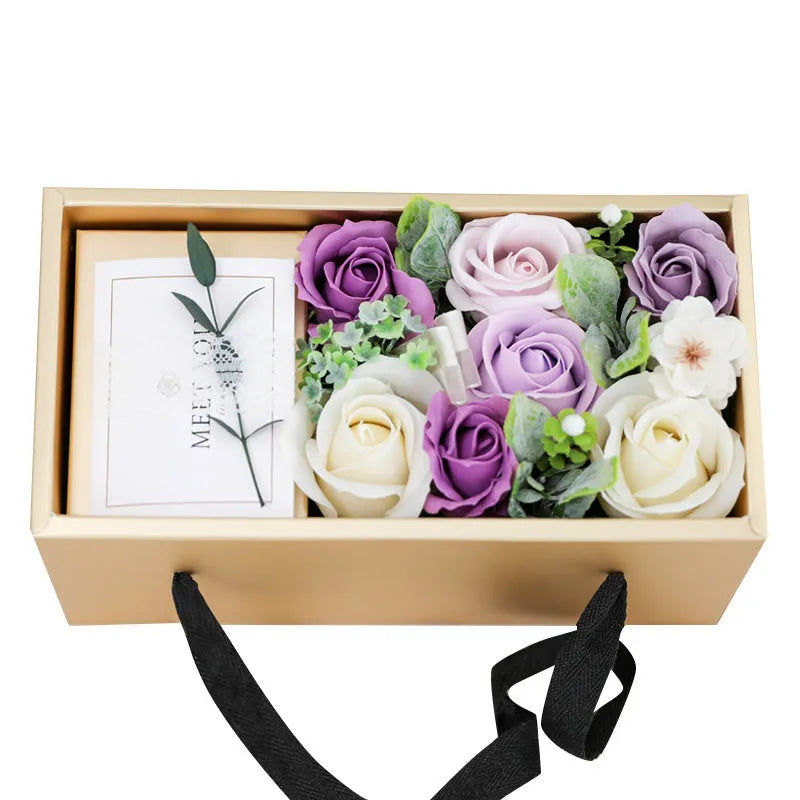 Soap flower rose gift box in golden packaging with greeting card for Mother's Day