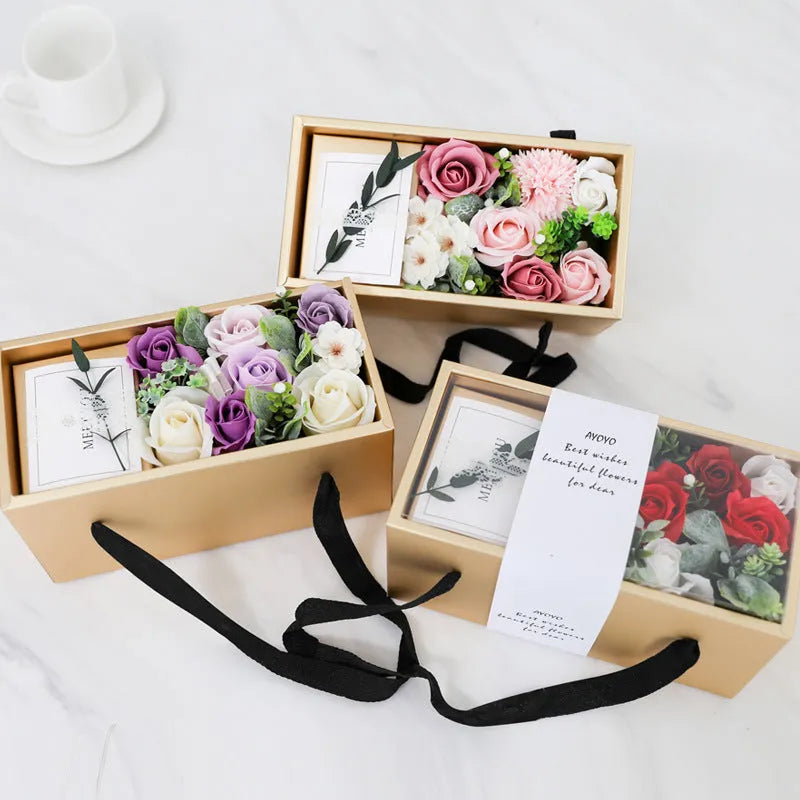 Soap flower rose gift box in golden packaging with greeting card for Mother's Day