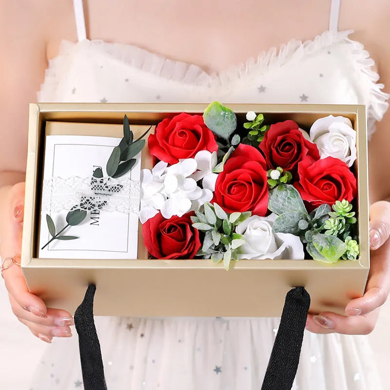 Soap flower rose gift box in golden packaging with greeting card for Mother's Day