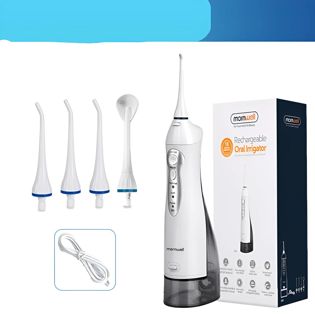 White portable oral irrigator with large 330ml water tank and multiple nozzles on a bathroom counter