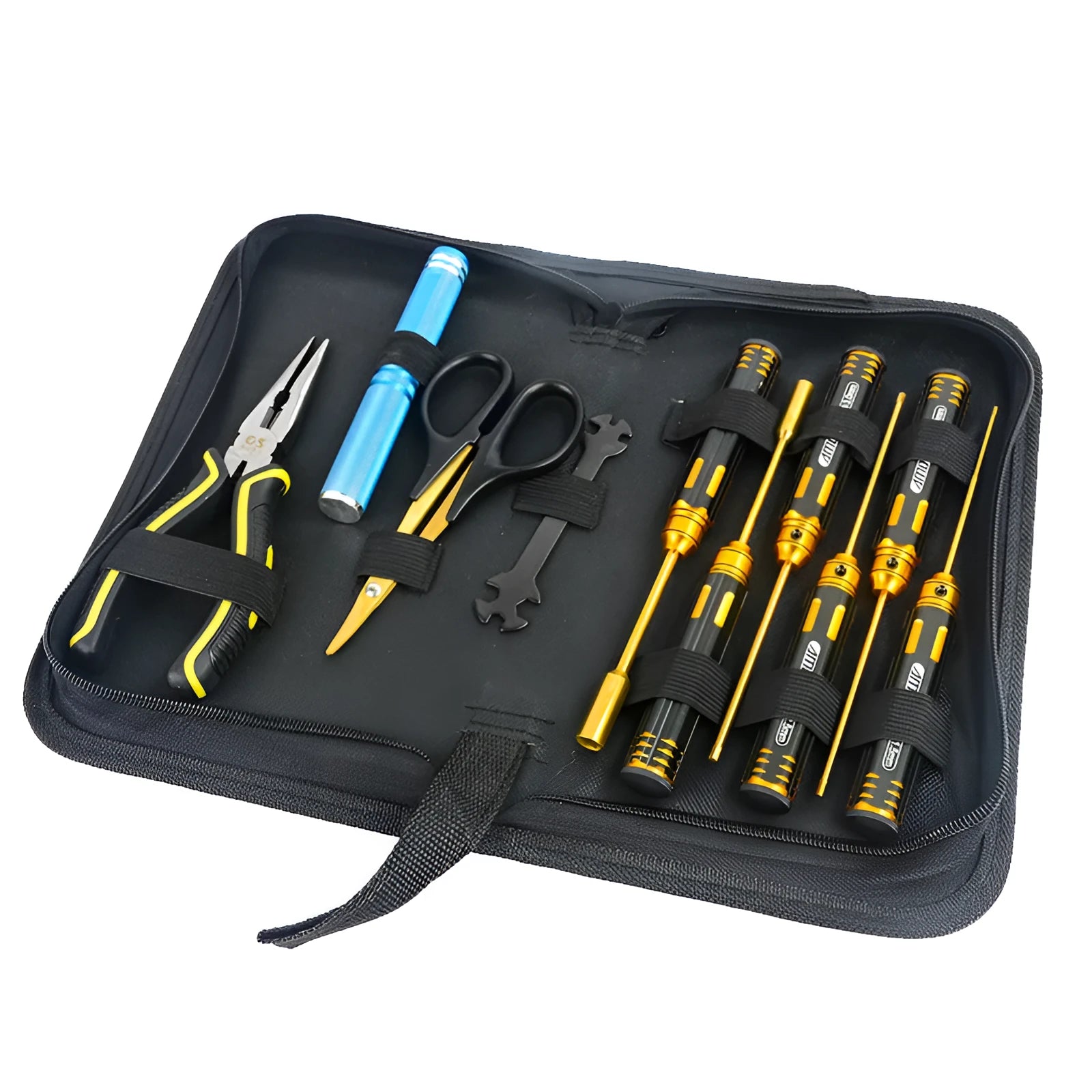 Titanium-plated screwdriver set with hex, cross, and slot bits, tool bag, and sleeve pliers for RC model assembly