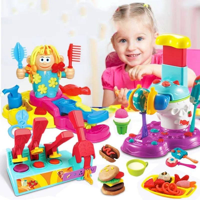 Large DIY kindergarten educational toys colour mud playset with BBQ machine, burger machine, hairstylist, and ice cream box options