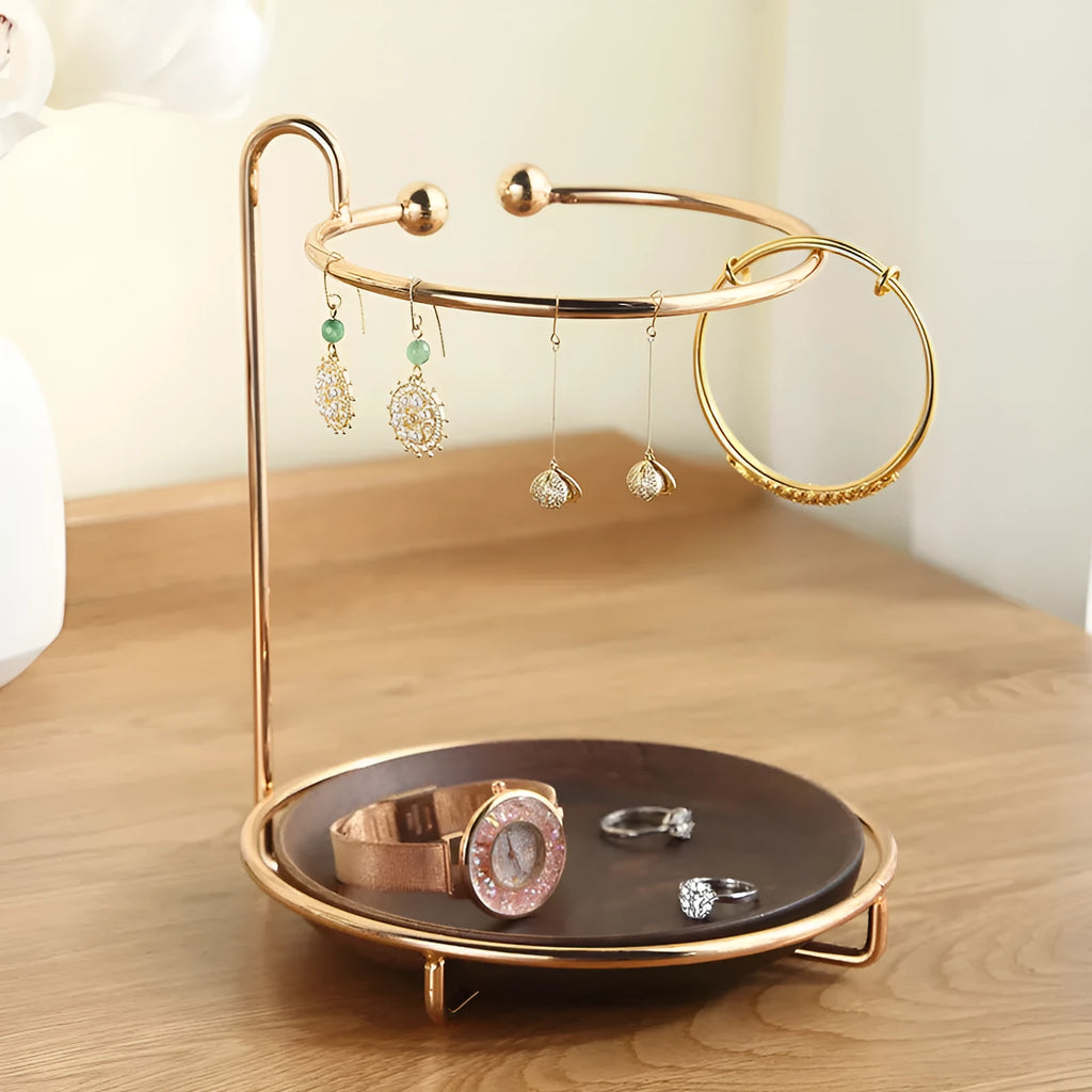 Walnut wood jewellery storage rack with metal hooks for rings and keys