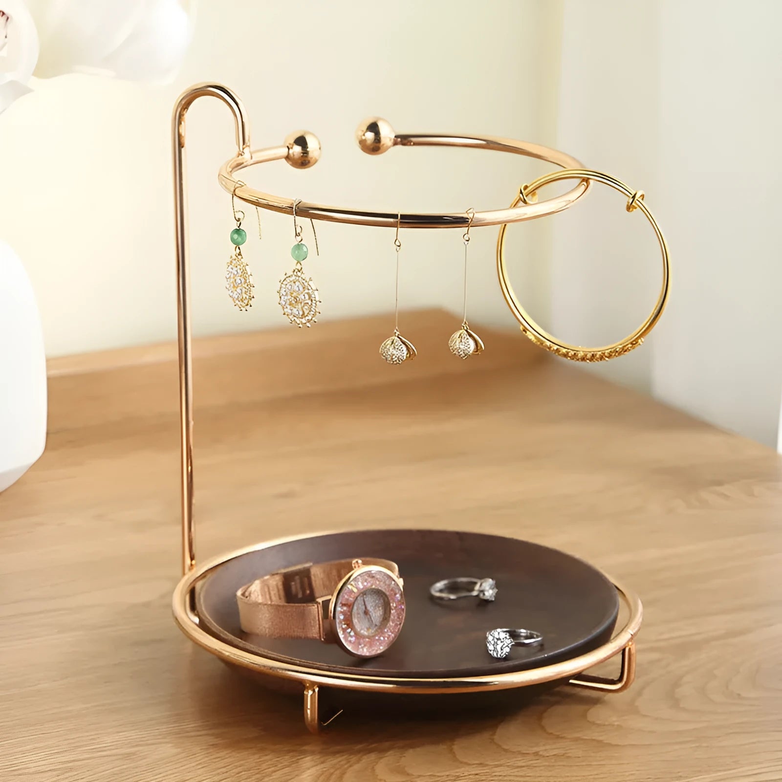 Walnut wood jewellery storage rack with metal hooks for rings and keys