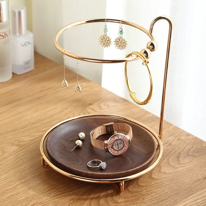 Walnut wood jewellery storage rack with metal hooks for rings and keys