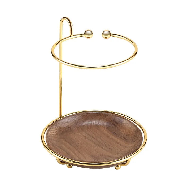 Walnut wood jewellery storage rack with metal hooks for rings and keys