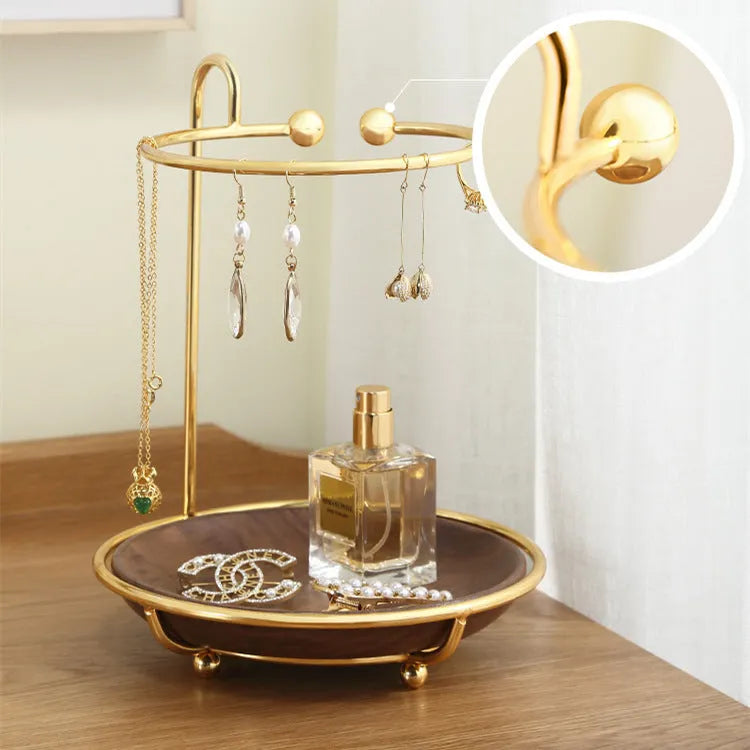 Walnut wood jewellery storage rack with metal hooks for rings and keys