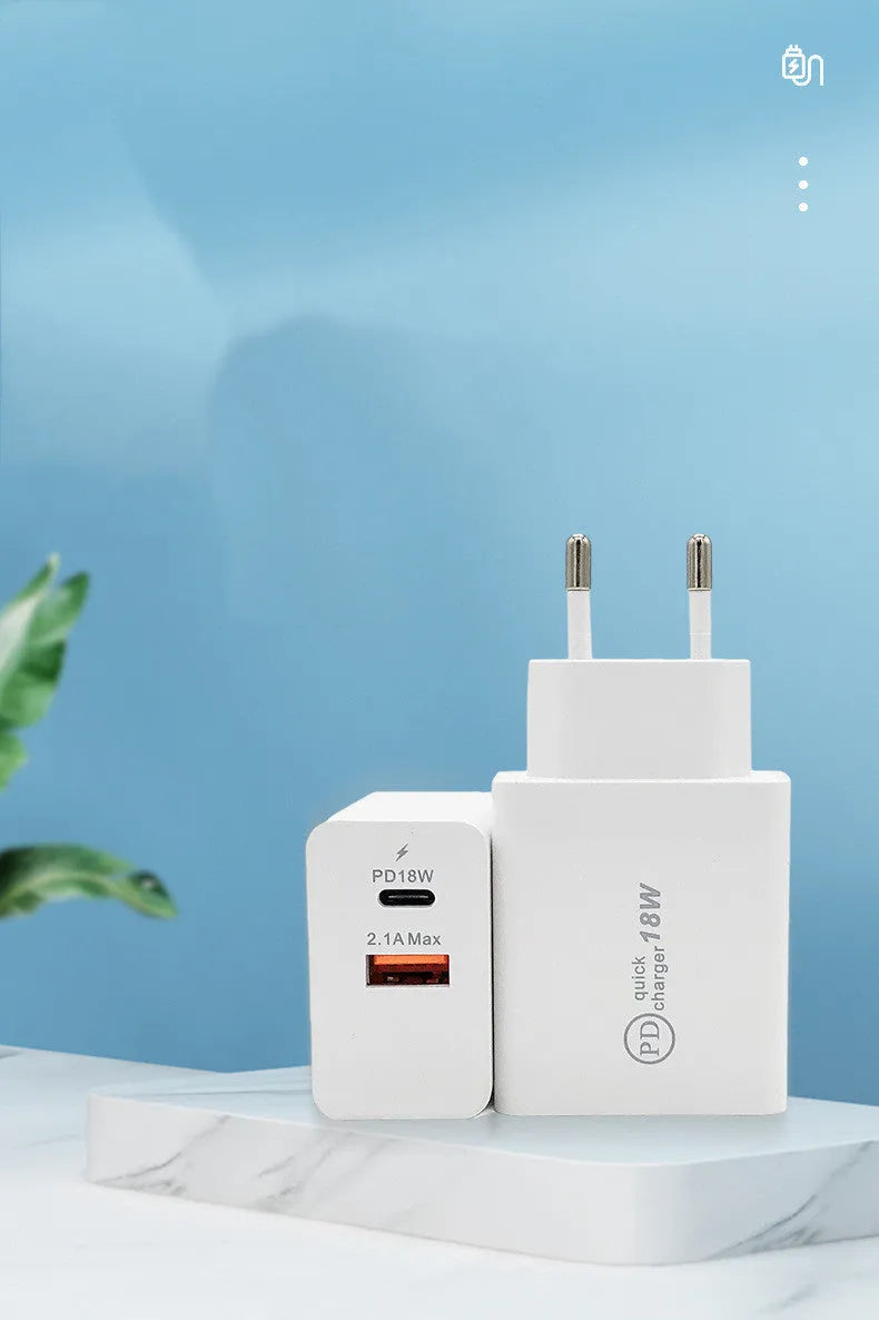 18W USB-C fast wall charger in black or white with US or EU plug
