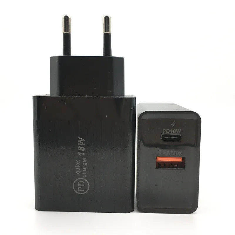 18W USB-C fast wall charger in black or white with US or EU plug