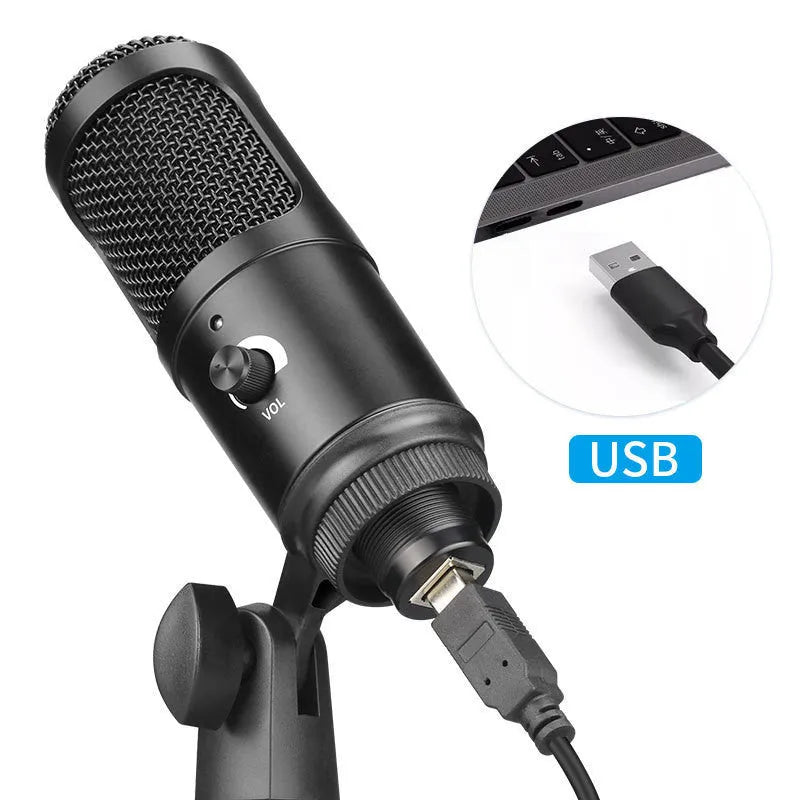 Black USB condenser microphone on a stand, model AK-6, for computer gaming and recording.
