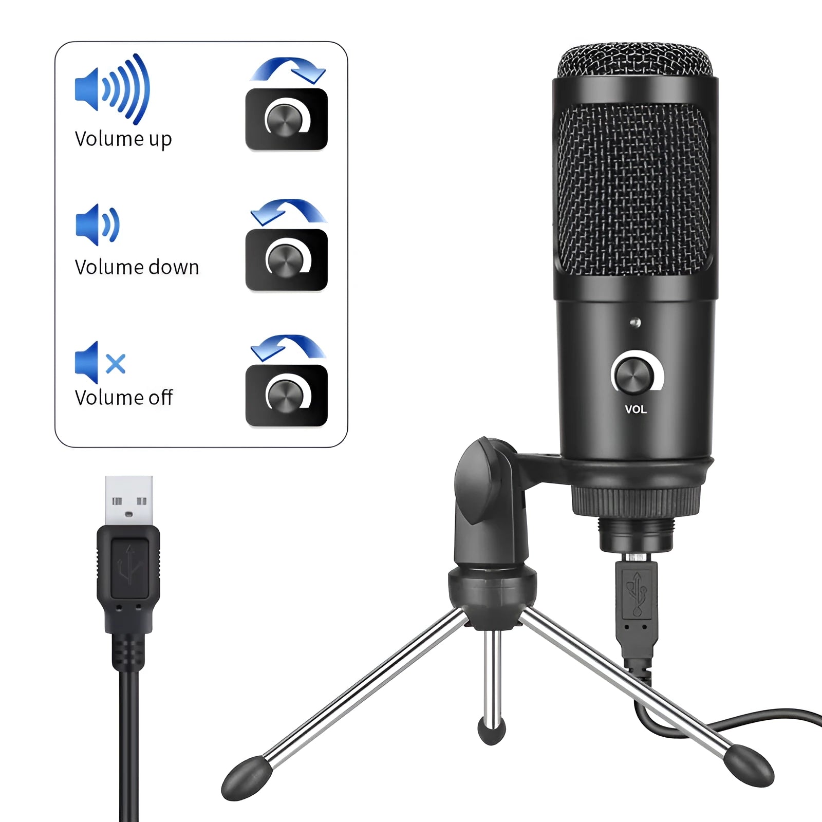 Black USB condenser microphone on a stand, model AK-6, for computer gaming and recording.