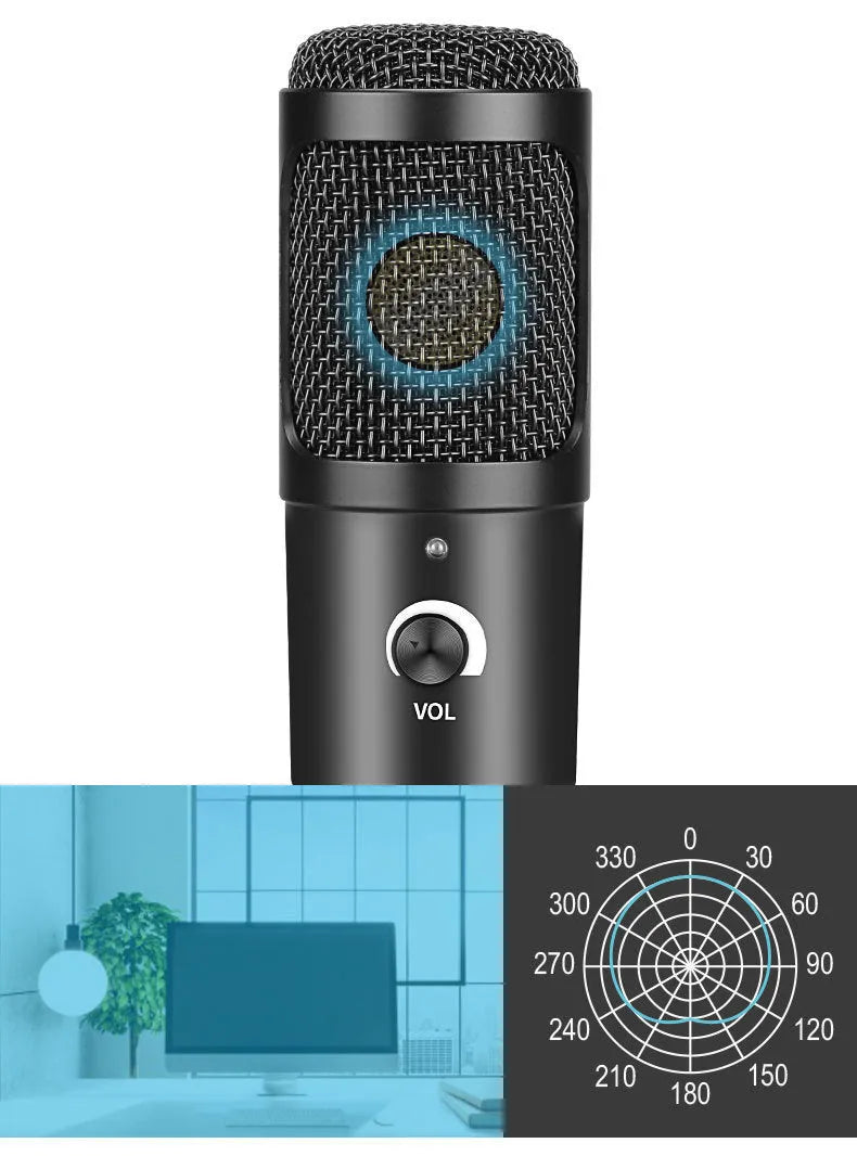 Black USB condenser microphone on a stand, model AK-6, for computer gaming and recording.