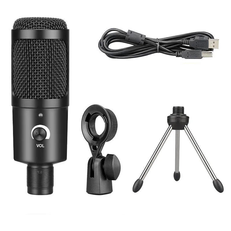 Black USB condenser microphone on a stand, model AK-6, for computer gaming and recording.