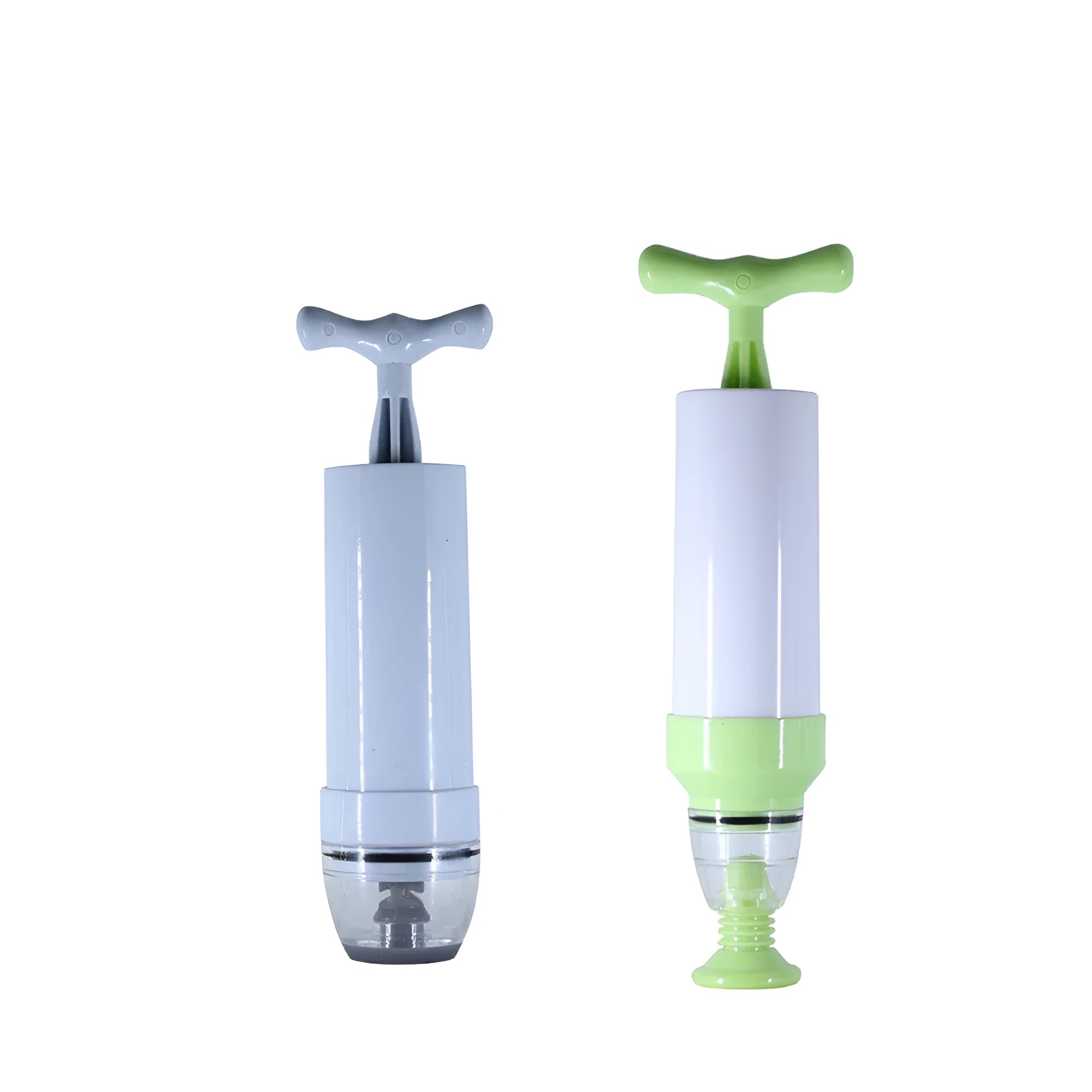 Green and grey manual vacuum compression storage bag with a hand pump on a white background.