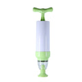 Green and grey manual vacuum compression storage bag with a hand pump on a white background.