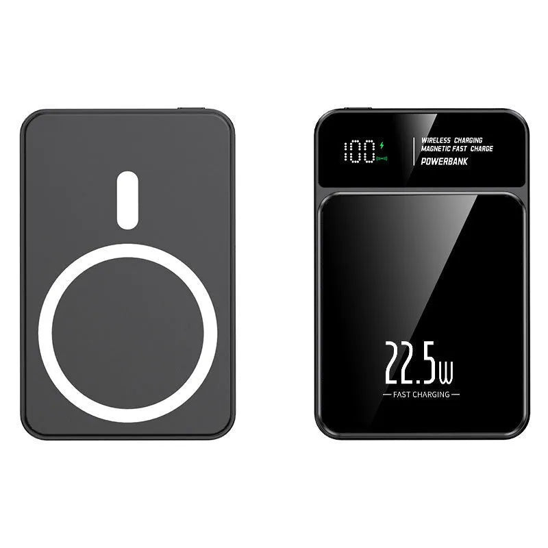 Fashion magnetic wireless power bank in black with fast charging USB plastic construction