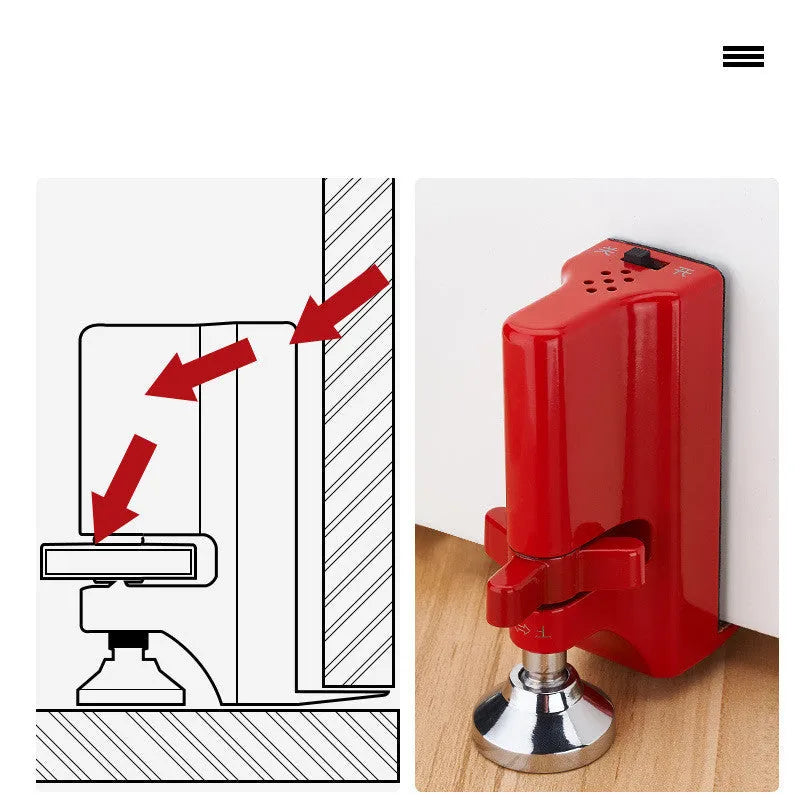 Red Wolf Guard door stopper for door seam blocking with 80dB anti-theft alarm and 5V working voltage.