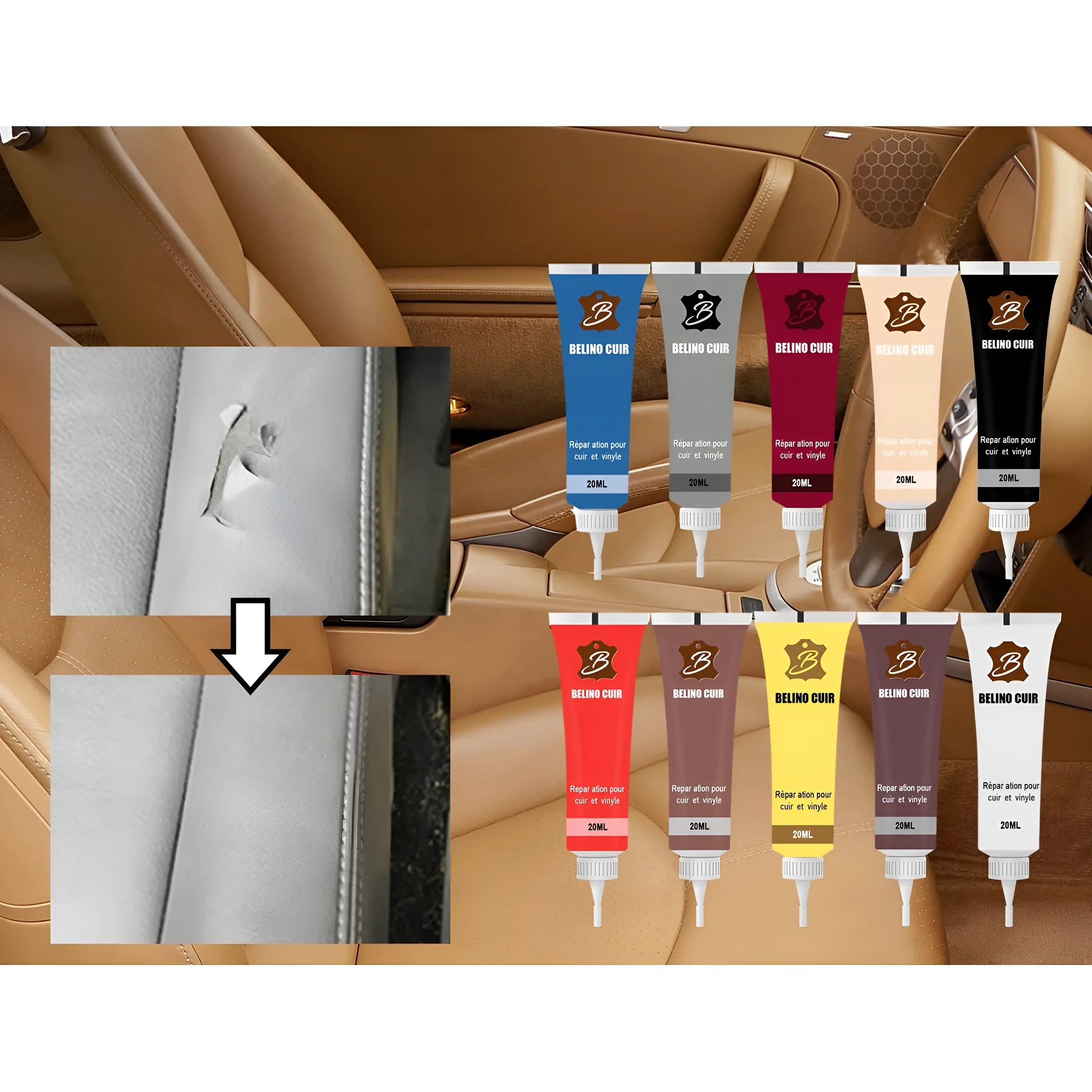 Leather repair cream 20g tube with 11 colour options for car seats and sofas