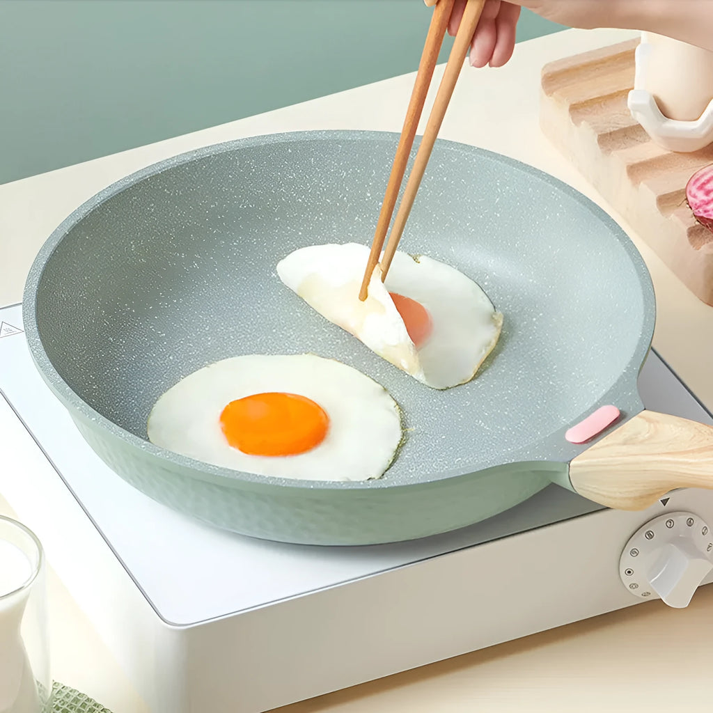 Korean-style macadamite non-stick frying pan in green or grey colour options
